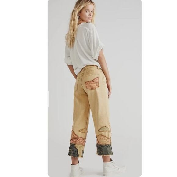 Free People Denim - Free People Golden Vibes Crop Jeans Embroidered Western Boho Festival Artsy